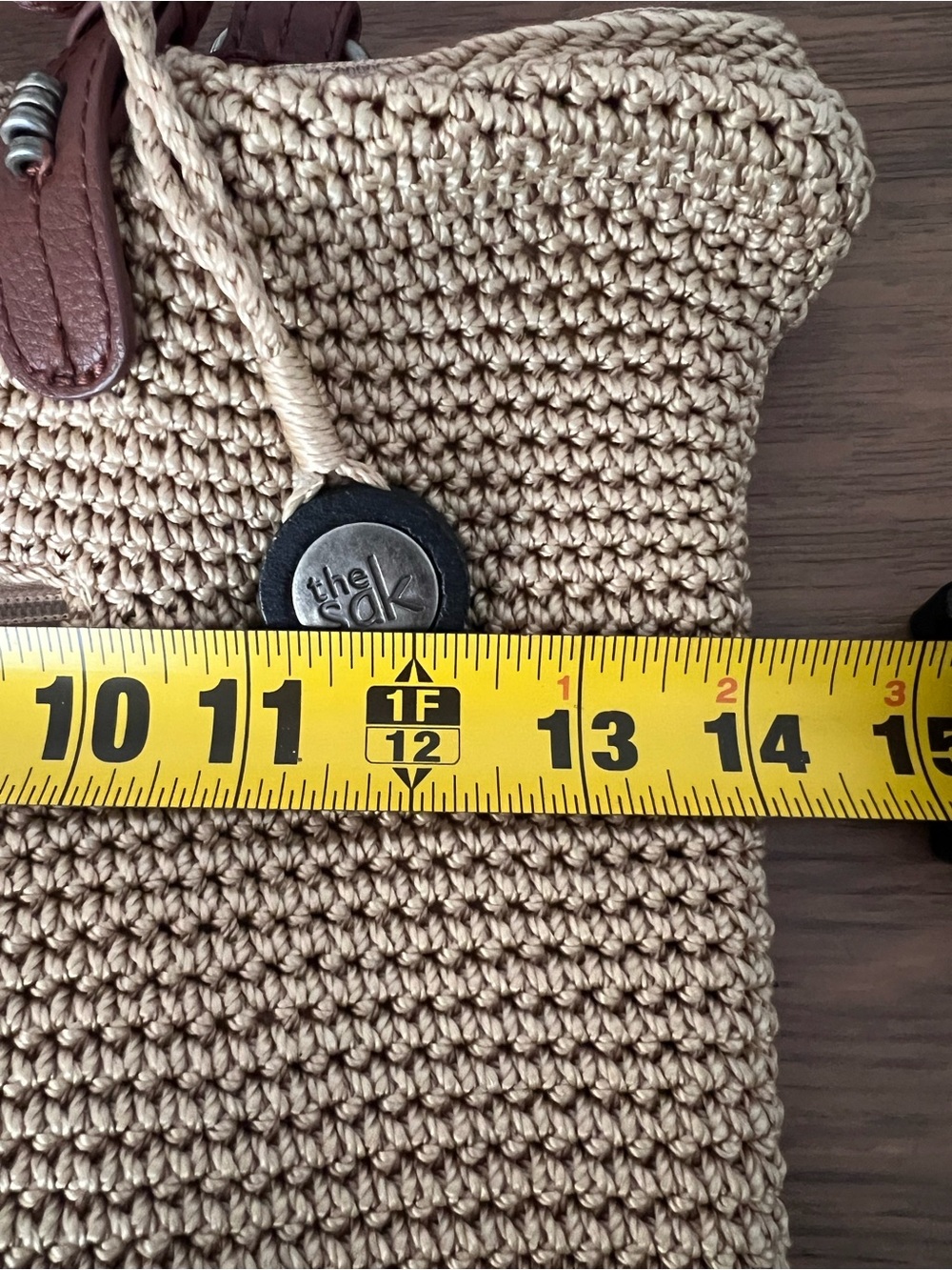 The Sak Beige Crochet Tote Bag Brown Leather Straps Boho Beach Purse Sack Bag - Picture 6 of 9